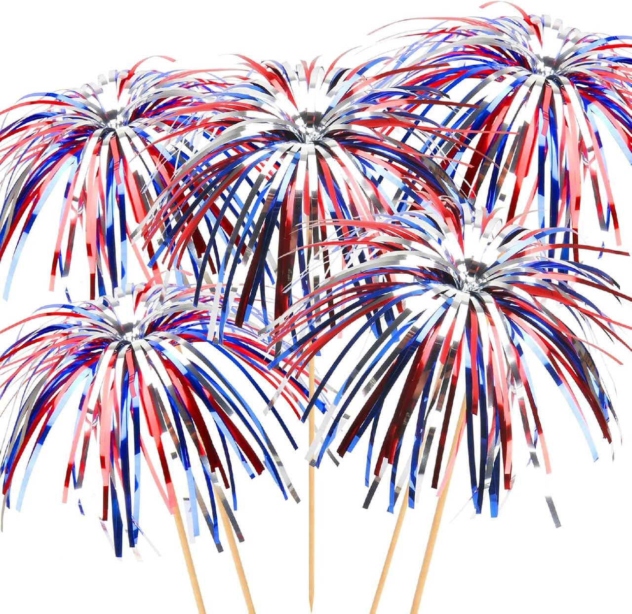 100 4th of July Cocktail Picks, 6 IN Patriotic Fireworks Toothpicks for Appetizers, Red White Blue Bamboo Skewers Sticks Cupcake Toppers for Fourth of July Party Supplies Independence Day Decorations